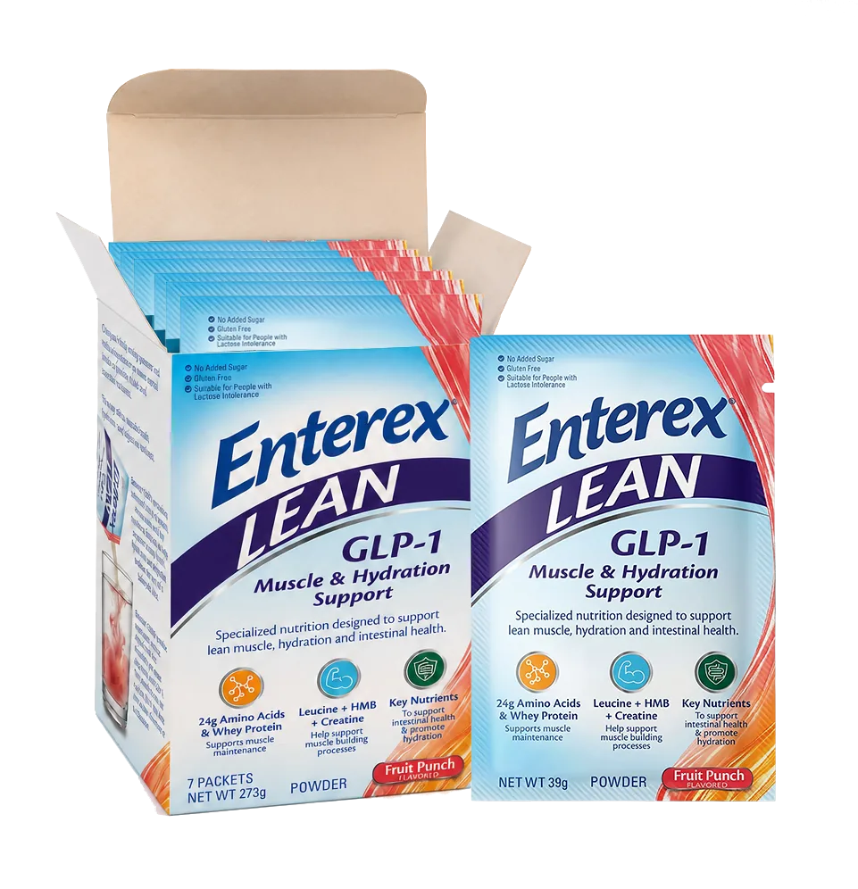 Open box of 7 Enterex LEAN packets with a single packet